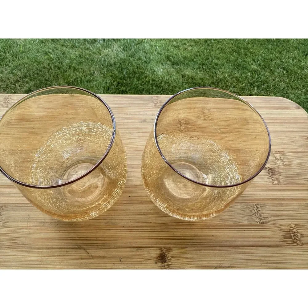 Pier 1 Amber Crackle Golden Luster Stemless Wine / Lowball Tumbler Glass~ 2 Pc